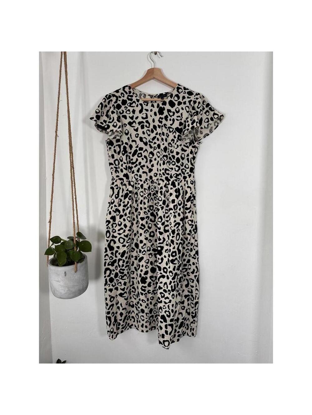 Who What Wear Leopard Print Midi Dress M Linen Blend Flutter Sleeve